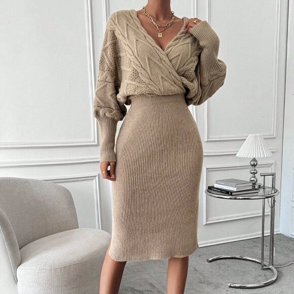 MODA ME COUTURE Dresses & Skirts - Khaki Elegant Women's Batwing Sleeve Sweater Dress